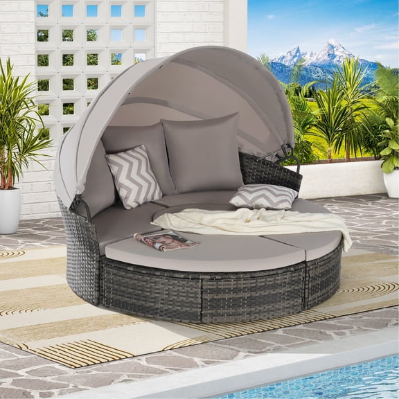 5 Patio Daybed, Material, Retractable Canopy, For Outdoor Use Daybed With Cushions, Movable Design