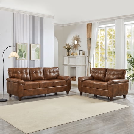 Sofa and Loveseat Set Breathable Brown PU Leather 3-Seater and 2-Seater Living Room Couches with Under-Seat Storage and Wide Armrests Solid Wood Frame 79 and 59 Lengths
