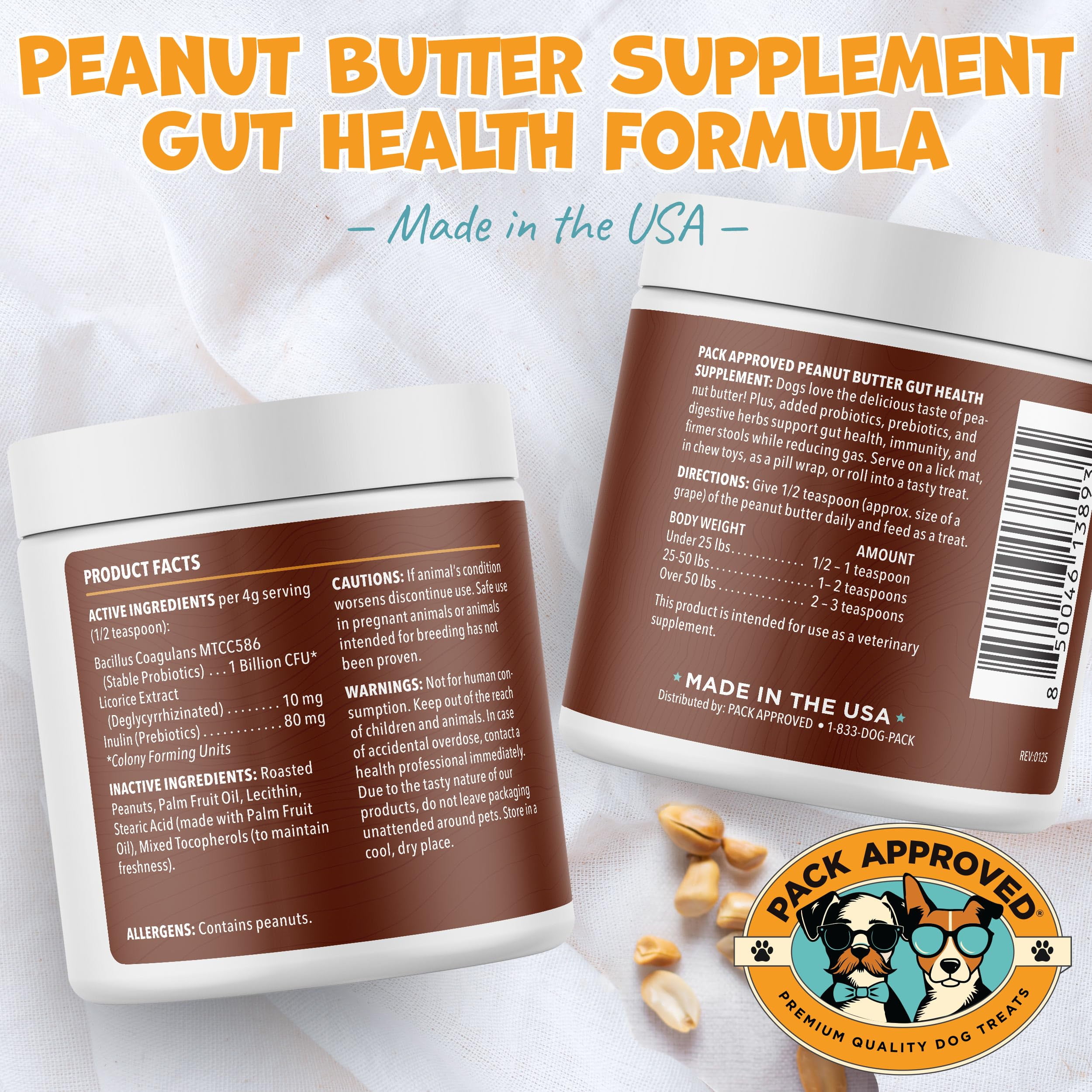 Pack Approved Dog Peanut Butter - with Prebiotic and Probiotic for Dogs to Boost Gut Health - Supports Digestive Support and Immune Support - Peanut Butter Treats - Gut Health (8.46oz)