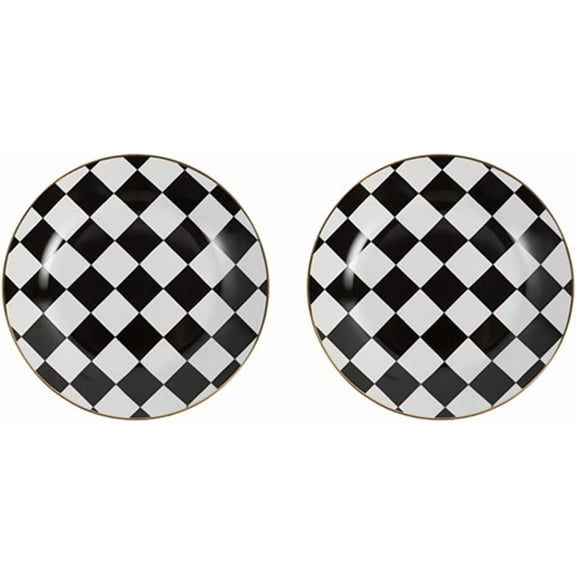 Yoqb Retro Black and White Checkerboard Gold Edge Ceramic Dinner Plate Dessert Plate Salad Plate-Set of 2 A110