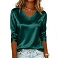 thumbnail image 3 of Women Silk Satin Tops Cap 3/4 Length Sleeve Blouse Summer V Neck Shirts Business Casual Outfits #01Green L, 3 of 6