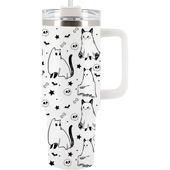 Halloween Tumbler 40Oz With Handle For Men, Women - Halloween Kitchen Decor, Funny Spooky Gift, Ghost Tumbler For Friend, Coworker - Spirit Halloween Cup, Fall Cup For Mom, Dad, Sister (Boo Cat)
