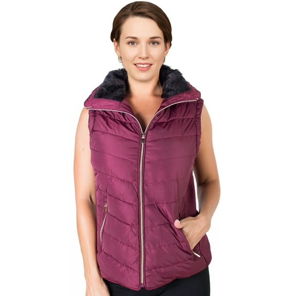 2Luver, Women's, Quilted Padded Fleece Lining High Collar Vest With Zip Pockets, Zip Closure Stretchable Side Gathering, Burgundy, 3X