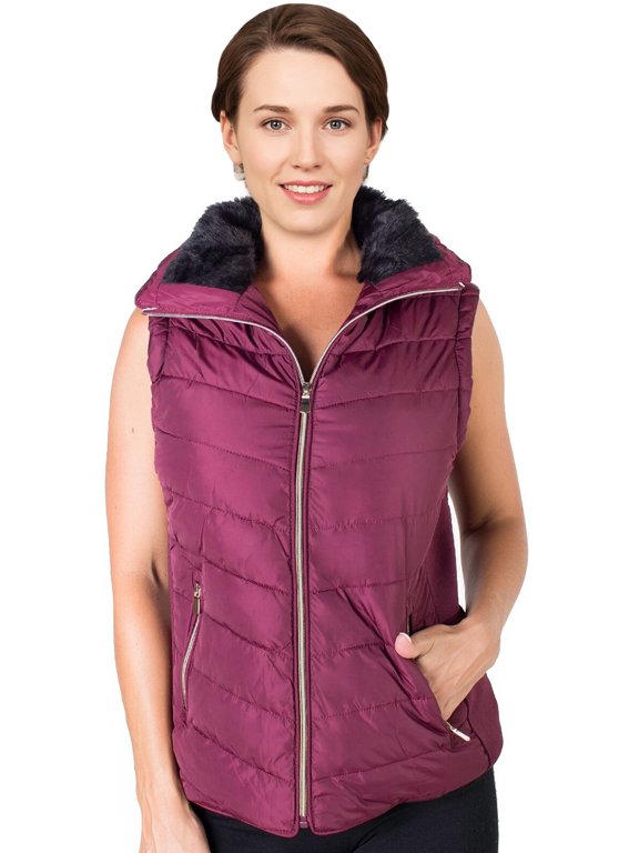 , Women's, Quilted Padded Fleece Lining High Collar Vest With Zip Pockets, Zip Closure Stretchable Side Gathering, Burgundy, 1X