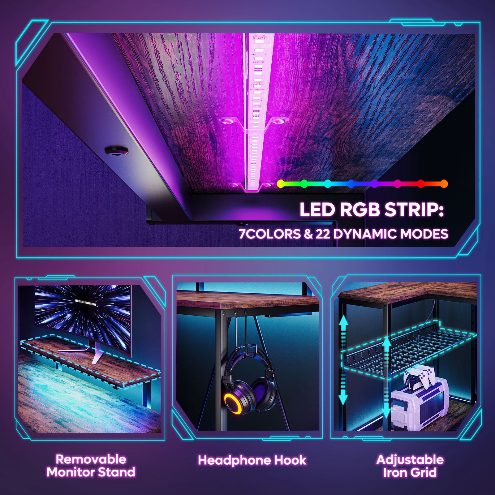 Bestier 58" Computer Desk with LED Lights L Shaped Corner Desk with Power Outlet & Monitor Stand Home Office Desk, Rustic