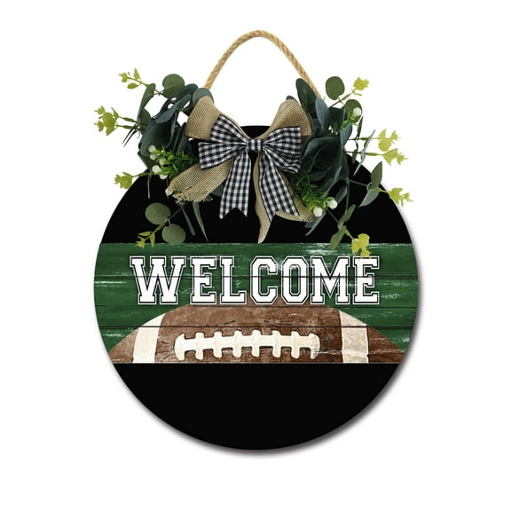 Welcome Football Front Door Sign Funny Wreaths Hanging Wooden Plaque Decoration Round Rustic Wood Farmhouse Porch Decor for Home Front Door Decor, 11 x 11 Inch