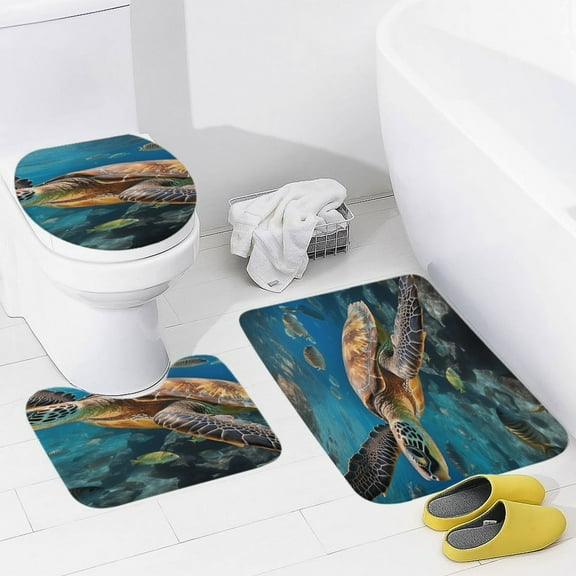 Nautical Green Sea Turtles Bathroom Mats Set 3-piece Bath Mats , Floor Rug Decorations for Kitchen Bathroom Bedroom