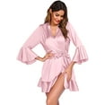 thumbnail image 2 of Women Satin Robe Ruffle Hem Kimono Short Robes V-Neck Pure Color Bridesmaid Wedding Party Bathrobe Dressing Gown, 2 of 9