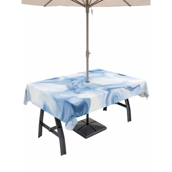 60x120 Inch Outdoor Tablecloth with Umbrella Hole Zipper Rectangle Marble Blue Rectangular Tablecloths Outside Waterproof Abstract Modern Minimalist Solid Ombre Patio Table Cover for Picnic Party