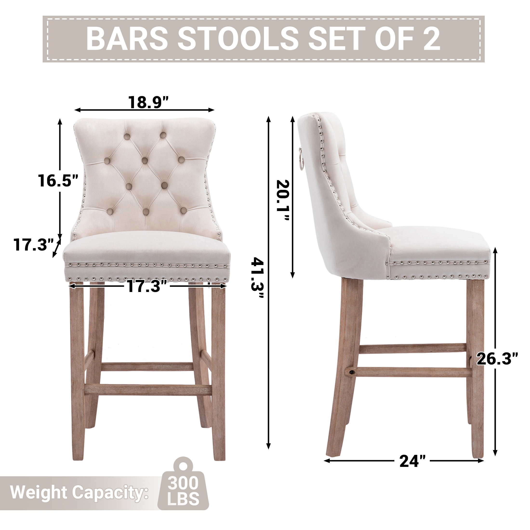 Bar Stools Set of 4, PAPROOS Velvet Bar Stool with Back, Solid Wood Frame & Nailhead Trim, Counter Height Bar Chair Button Tufted Upholstered Seat, Full Back Bar Stools, Beige
