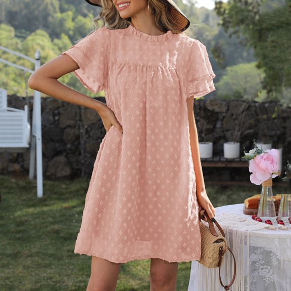 Lilgiuy Summer Sales Fashion Women Casual Loose Solid Mesh Turtleneck Short Sleeve Long Dress
