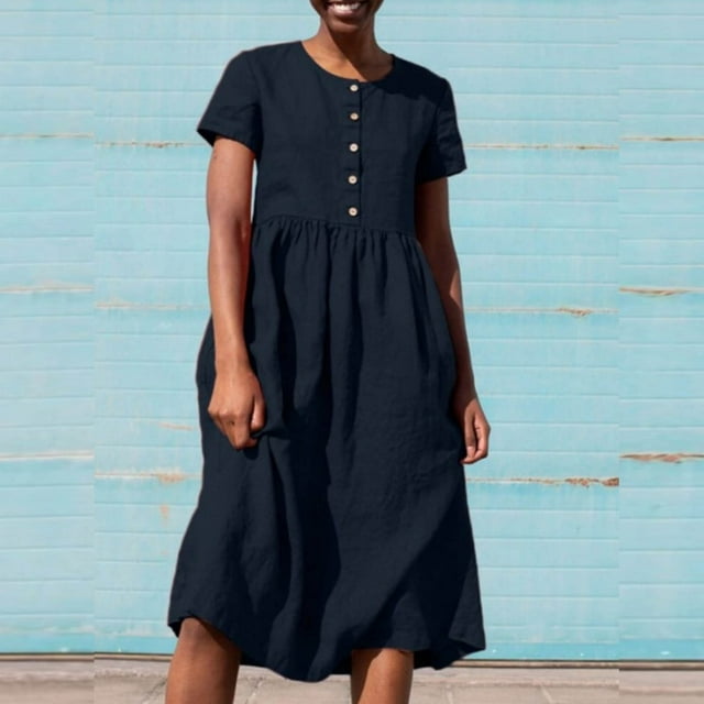 Robe d'Été Décontractée Midi à Manches Courtes Boutonnée avec Poches