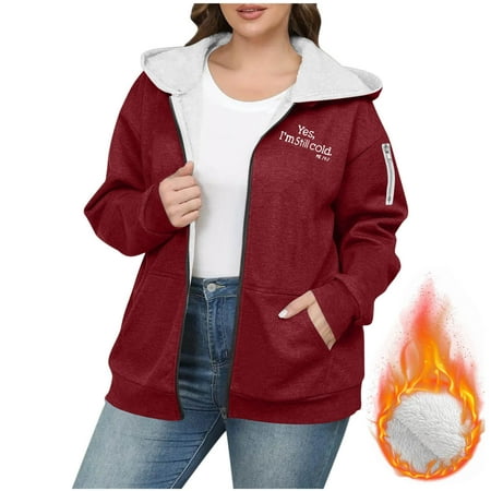 Fanxing Women Winter Zip Up Hoodie Plus Size Fleece Sherpa Lined Sweatshirt Jacket Outdoor Casual Warm Comfy Thermal Outerwear Red 4XL