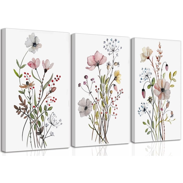 UZXTFQU Arte de pared de 3 piezas con lienzo de flores silvestres en acuarela