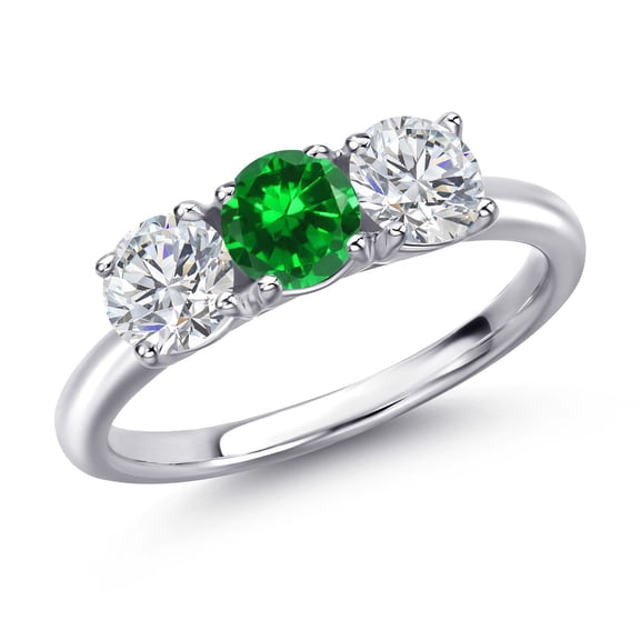 Gem Stone King 925 Sterling Silver Green Created Emerald and Lab Grown Diamond Engagement Ring for Women | 1.84 Cttw | Round 5MM | Gemstone May Birthstone | Size 8