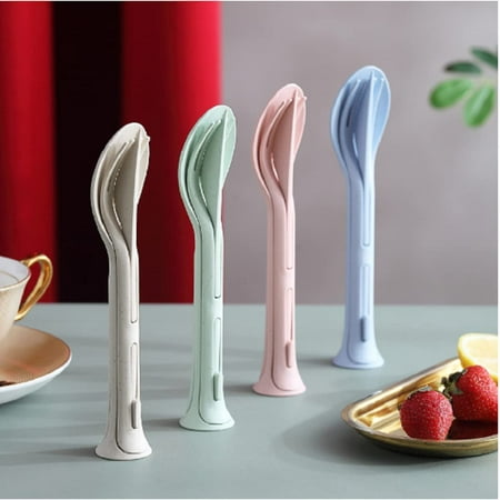 

FYBD 4 Sets of Wheat Straw Cutlery Reusable Utensils Set Portable Travel 3 in 1 Spoon Fork Knife Tableware