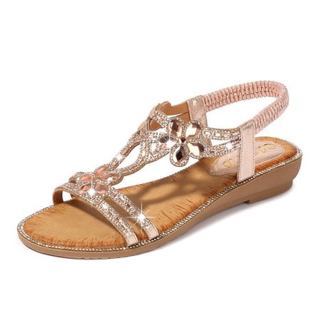 

Women s T-Strap Beaded Flower Rhinestone Flat Sandals Dress Beach Shoes