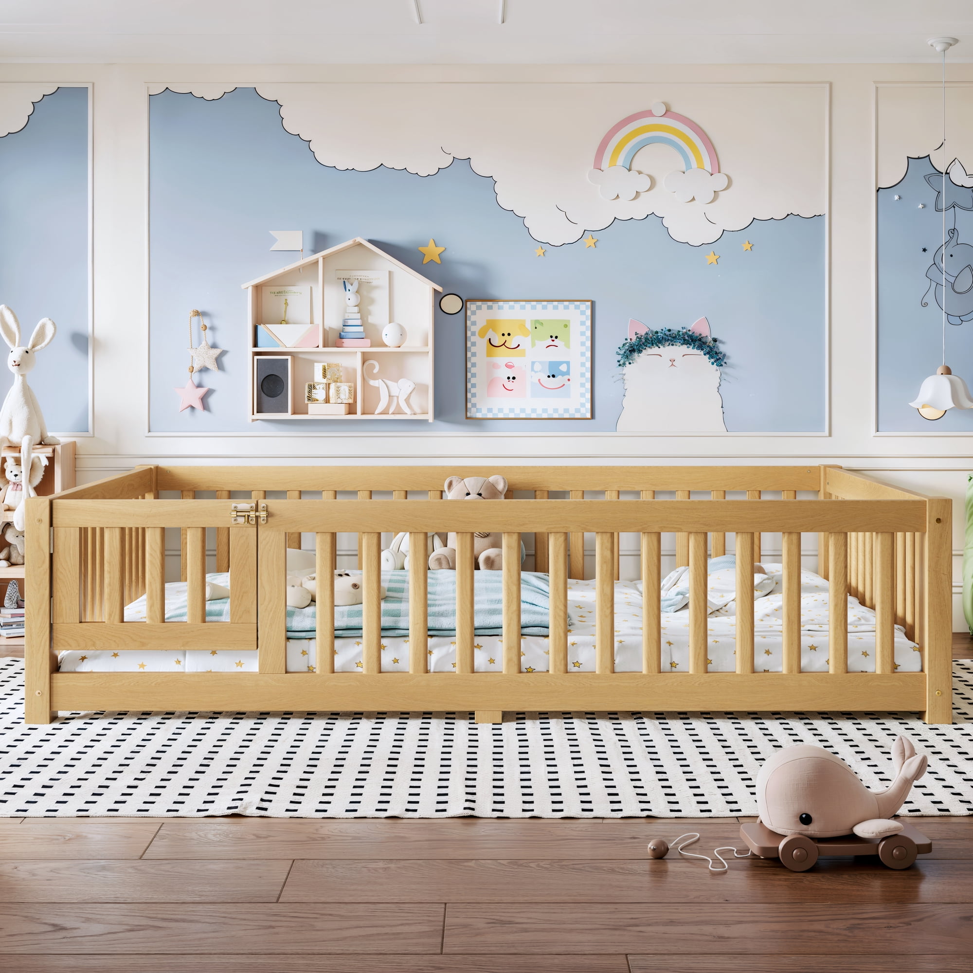 Full Size Kids Floor Bed with Safety Guardrails & Removable Door, Solid Pine Wood Montessori Bed, Natural