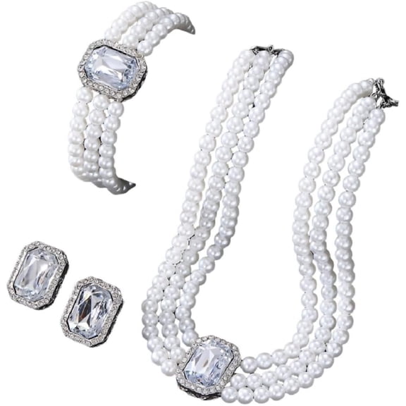 Zephyriana Elegant Imitation Pearl Necklace Jewelry Set Rhinestone Shiny Wedding Pearls Earrings Necklaces Bracelet Set Bridal Crystal Jewelry for Women