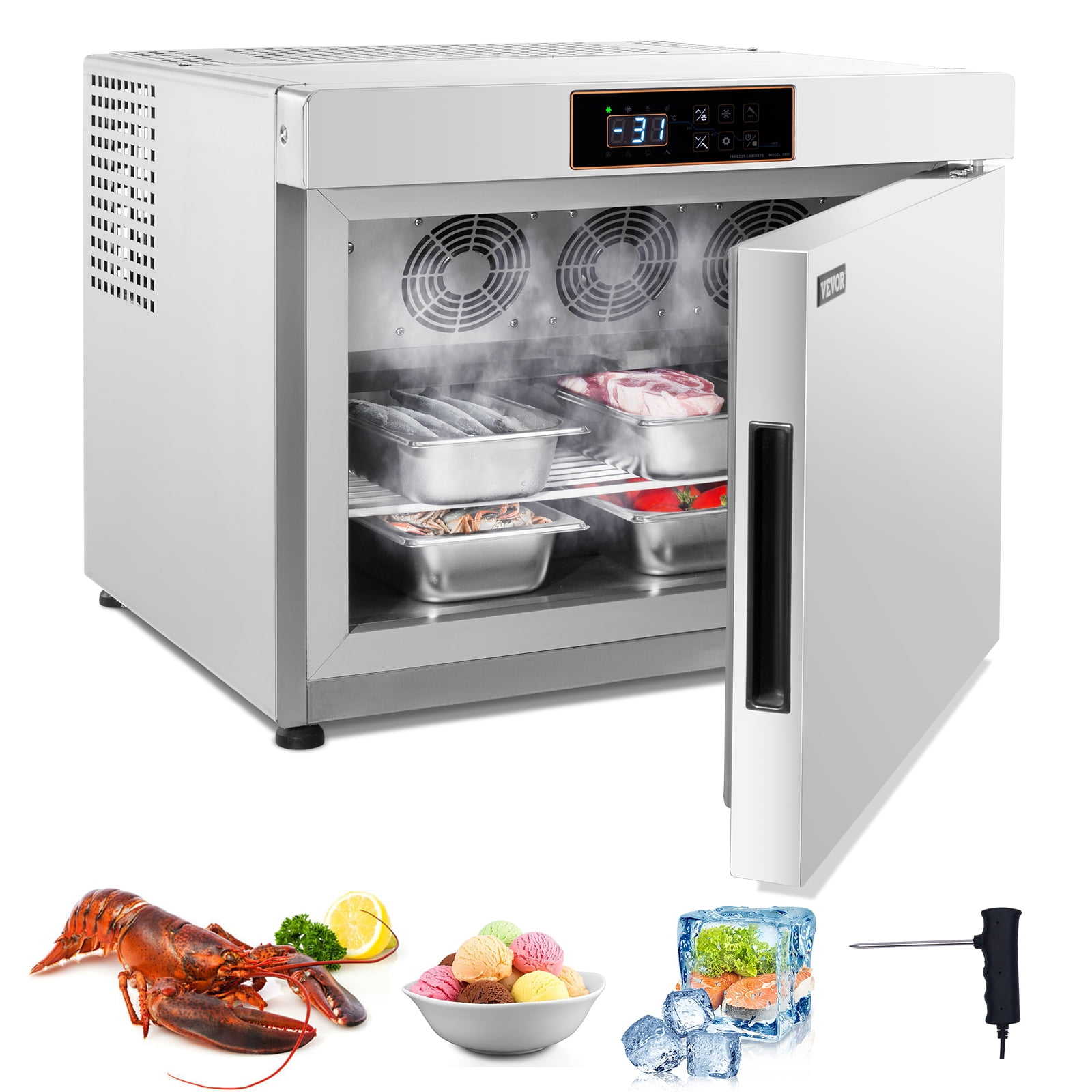 KFFKFF Industrial Rapid Freezer, 32 L / 1.1 Cu.ft Quick Chiller with Four 1/3 Trays, Dual-Mode Cooling & Freezing Chest, Stainless Steel Rapid Freezer for Dining Establishments, Seafood