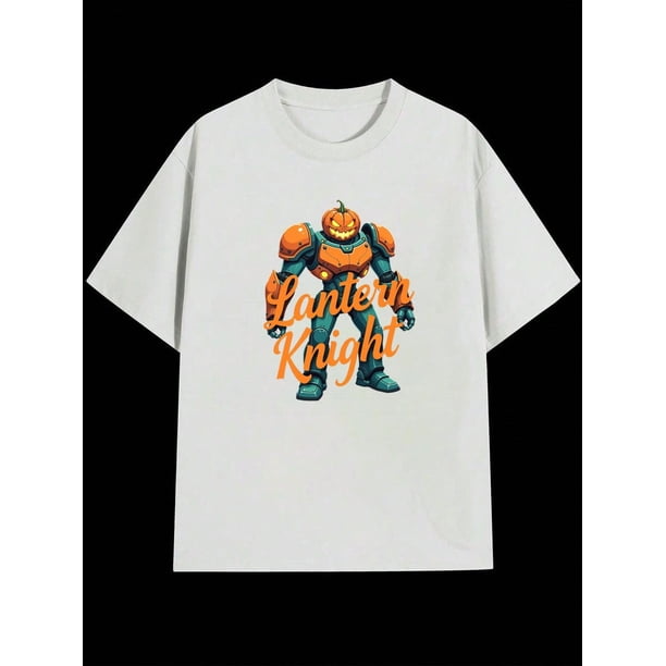 Boys Halloween Pumpkin Robot Graphic T-Shirt, Black Casual Style Halloween Shirts With Lantern Knight, Girls/Boys Fall Clothes, Round Neck Short Sleeve T-Shirt, Funny Fashion Design Kids Clothes Boy
