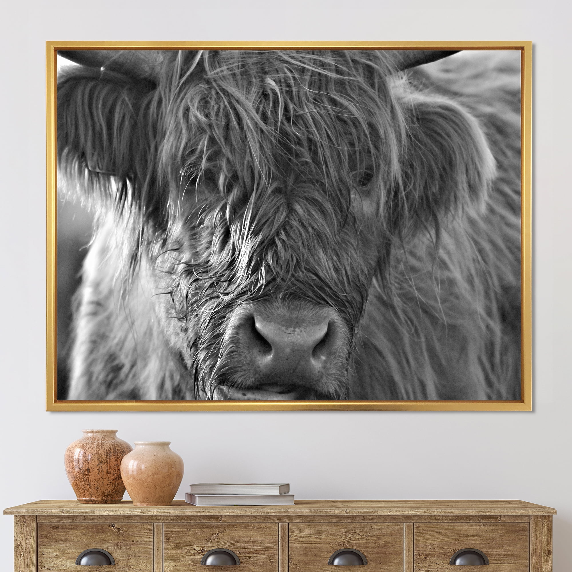 Close Up Scottish Highland Cows Living On Moorland 32 in x 24 in Framed Photography Canvas Art Print, by Designart