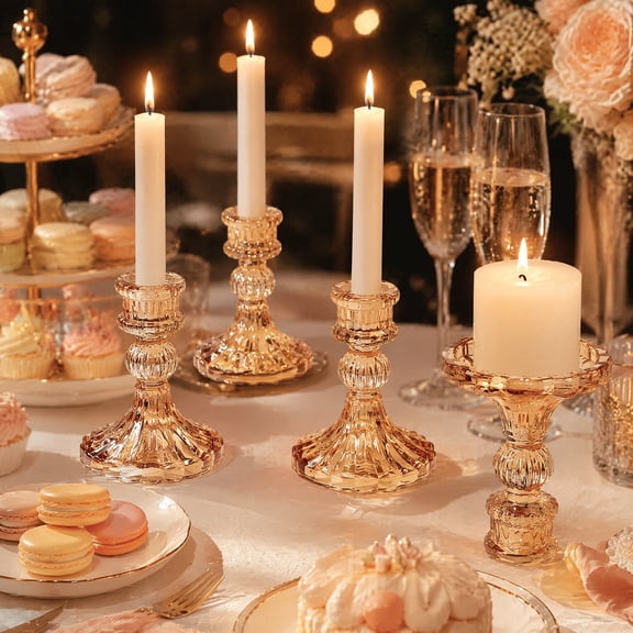 6 Pcs Amber Glass Taper Candle Holders Set-Elegant Vintage Glass Candlestick Holders, Decorative Candleholder Sets for Wedding Tables, Home Centerpiece Decor & Timeless Gift