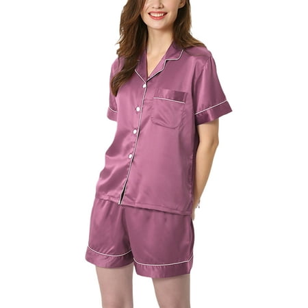 

Woobling Ladies Pajamas Sets Short Sleeve Sleepwear Single Breasted Nightwear Women Loose Home Clothes Lounge Set Deep Skin Pink 2XL