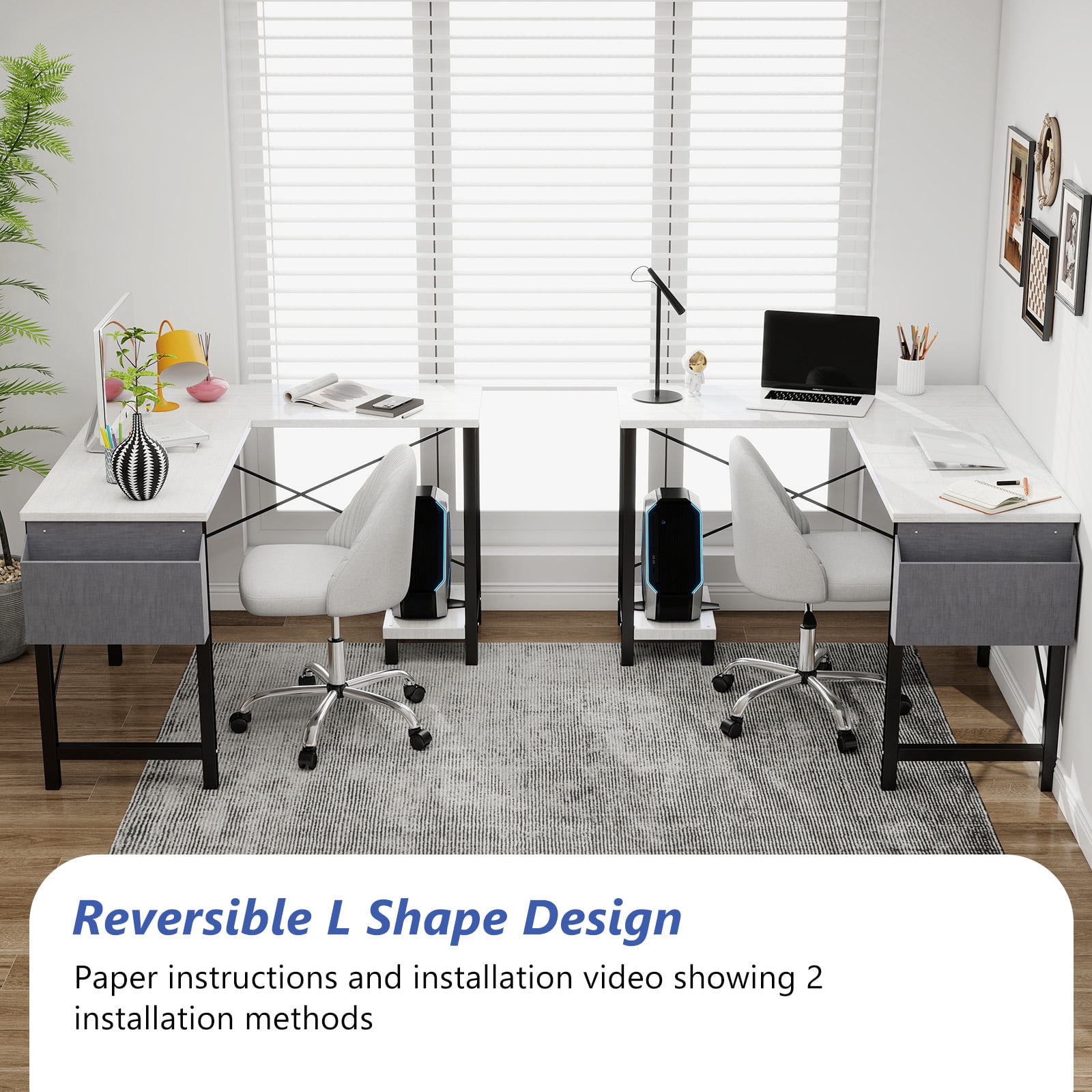 L Shaped Desk, 50 inch Reversible Corner Computer Desk with Storage Shelf & Side Bag, Home Office Working Workstation Gaming Table, White
