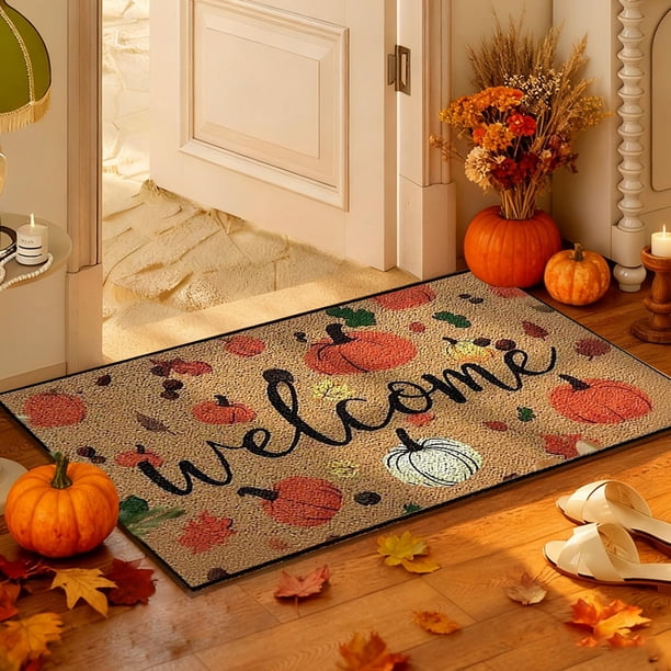 Felpudos de poliéster para fiestas, decoraciones navideñas, felpudo de otoño con hojas de arce y calabaza, para Halloween, Acción de Gracias, para baño, cocina, porche, tiras largas, para entrada, Hal
