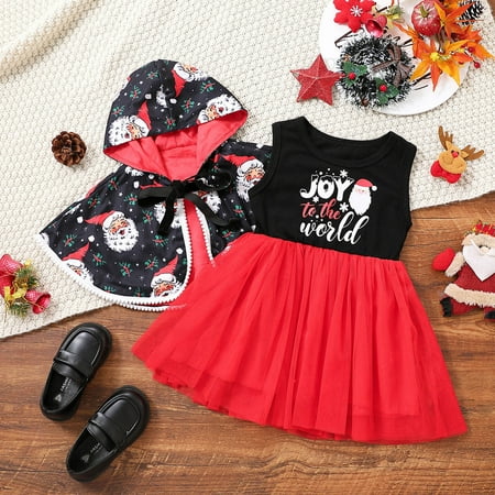 

Hbdhejl Outfit Set For Girls Boys Toddler Sleeveless Christmas Cartoon Prints Tulle Princess Dress Hooded Robe Cloak Set Red 4-5 Years