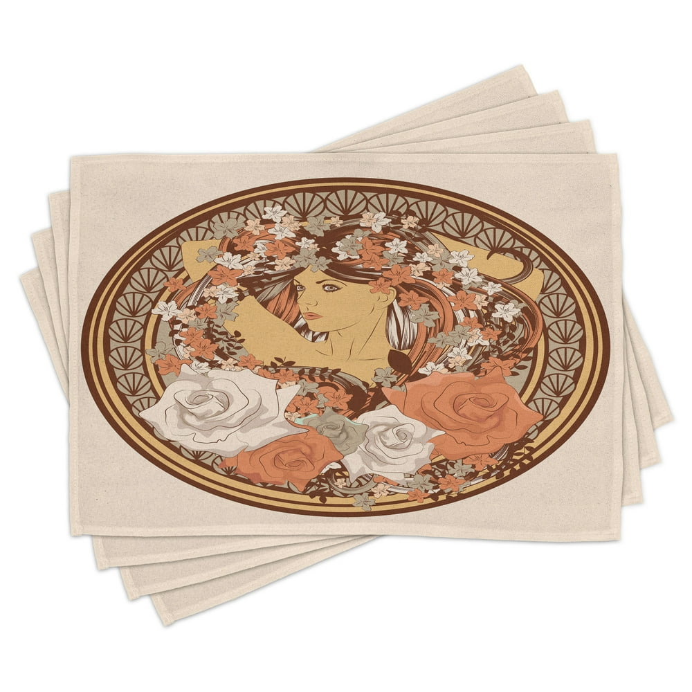 Boho Placemats Set of 4 Hippie Ethnic Design with Flowers and a women