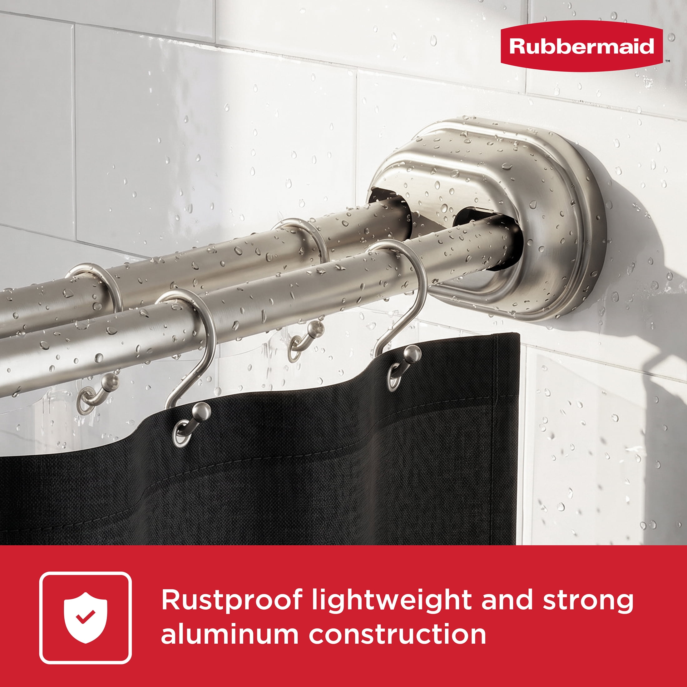 Rubbermaid No Drill Adjustable Tension Double Curved Shower Curtain Rod, Rustproof, 50" - 72", Nickel