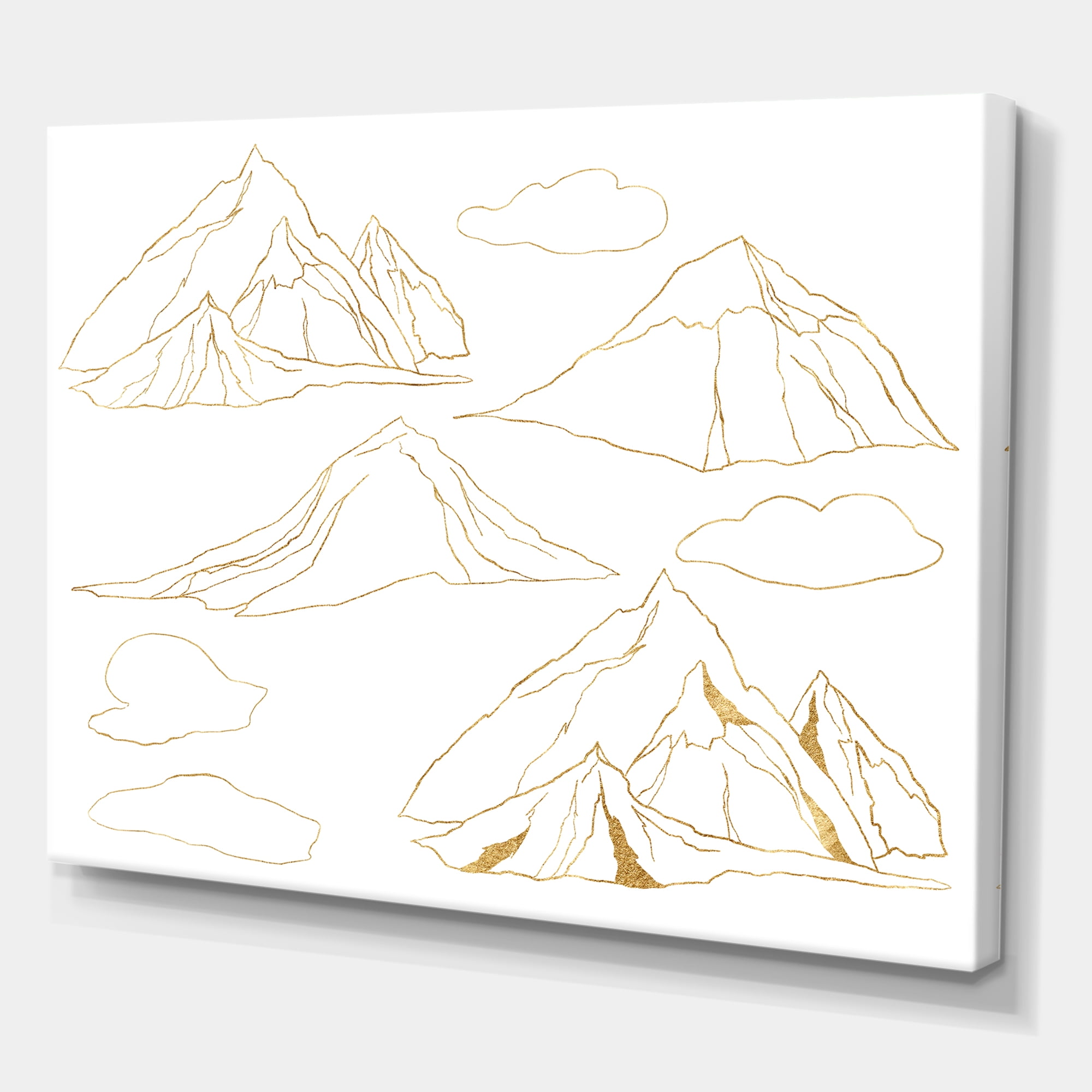 Designart ' Minimalistic Gold Linear Set Of Clouds and Mountains ' Modern Canvas Wall Art Print