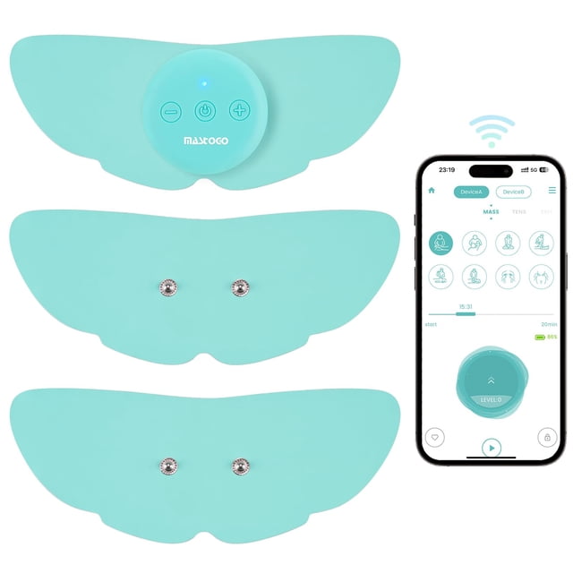 Estimulador muscular inalámbrico TENS para aliviar el dolor, 26 modos, 25 intensidades, controlado por aplicación. Estimulador muscular inalámbrico TENS y EMS con Bluetooth. Alivia el dolor en todo el