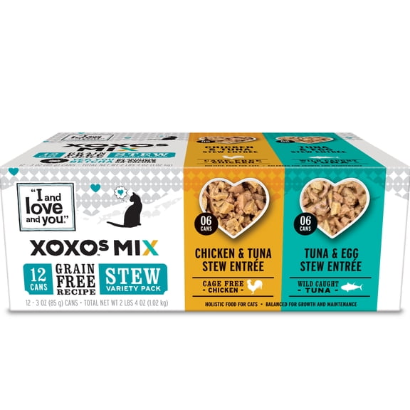 "I and love and you" XOXOs Chicken/Tuna Stew Grain Free Canned Cat Food Variety Pack, 3 oz Cans, 12 pk