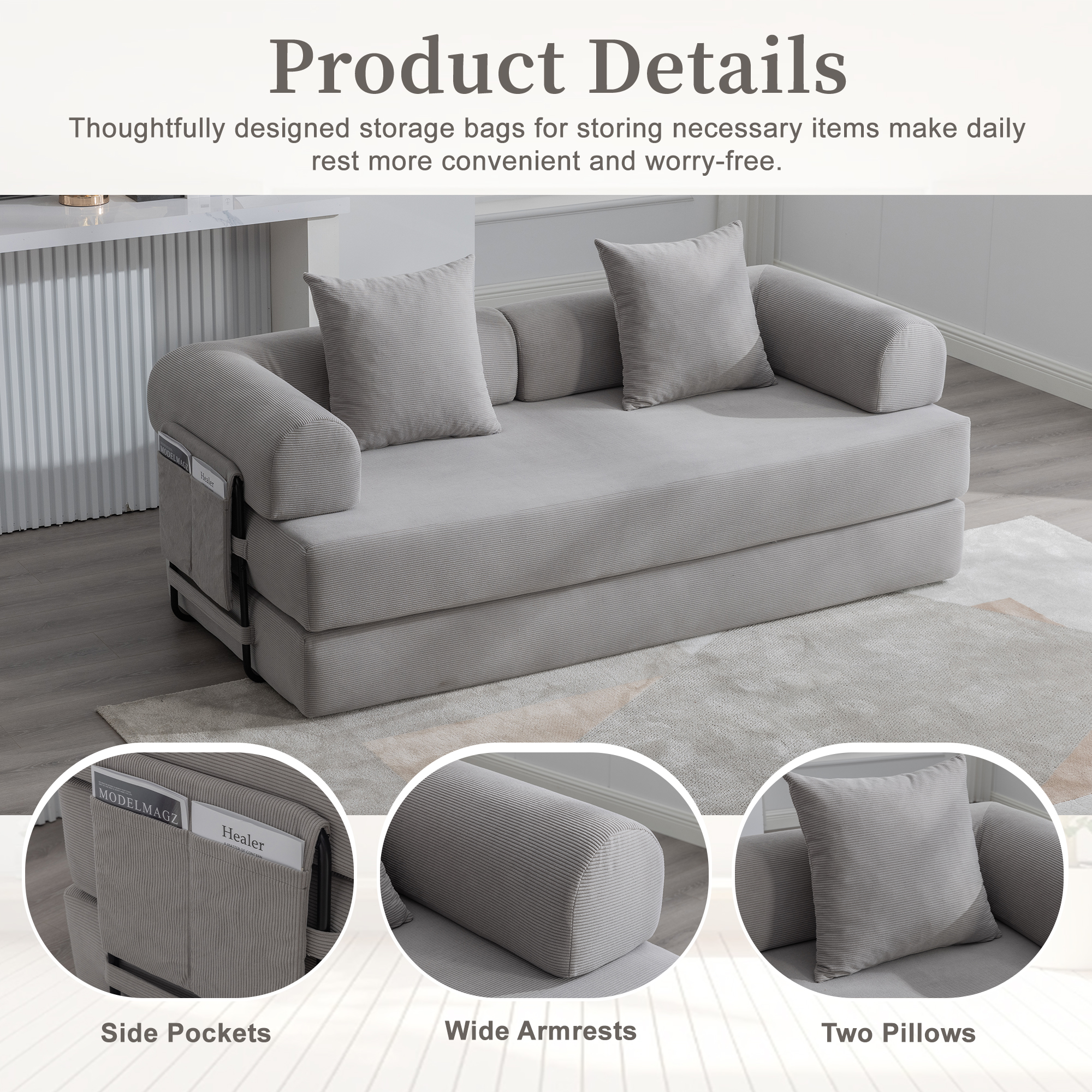 MOONMISS Corduroy Upholstered Modern Comfort Foldable Compressible Sofa Bed with Sturdy Metal Frame-Light Gray