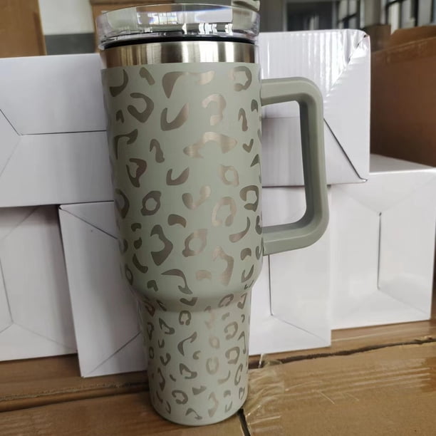 Taza térmica de acero inoxidable 304 con estampado de leopardo y asa de 40 oz para coche, con pajita, protección contra el frío