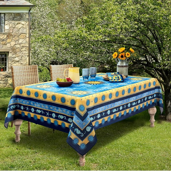 Home Bargains Plus Mediterranean Blue Sun 52 x 52 inch Square Fabric Dining Tablecloth