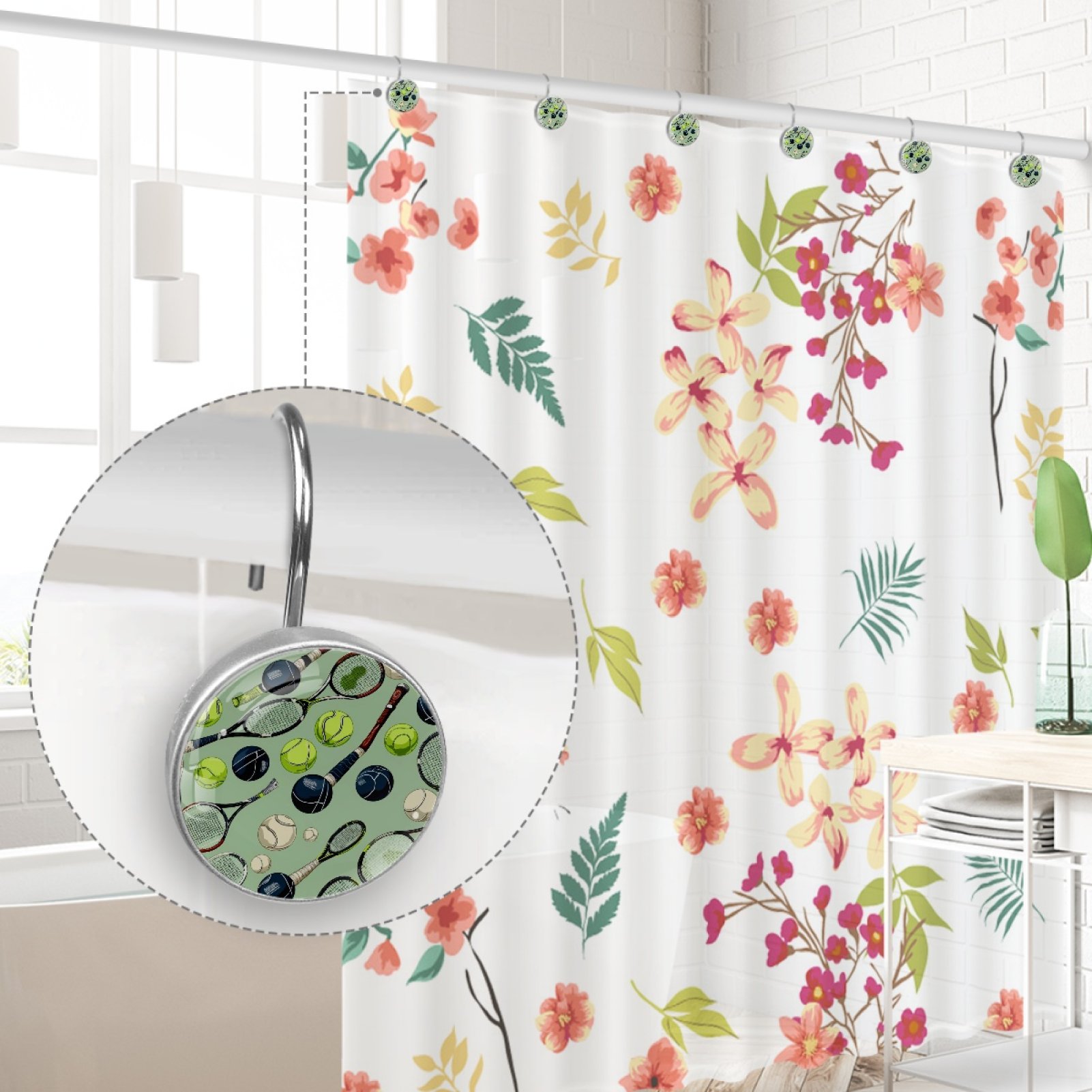 HemaKayy 12 Pcs Decorative Shower Curtain Hooks - Stainless Steel Rings for Bathroom Décor - Easy Glide & Secure Hold - Perfect Decoration for Bathroom Shower Rods - Tennis Balls