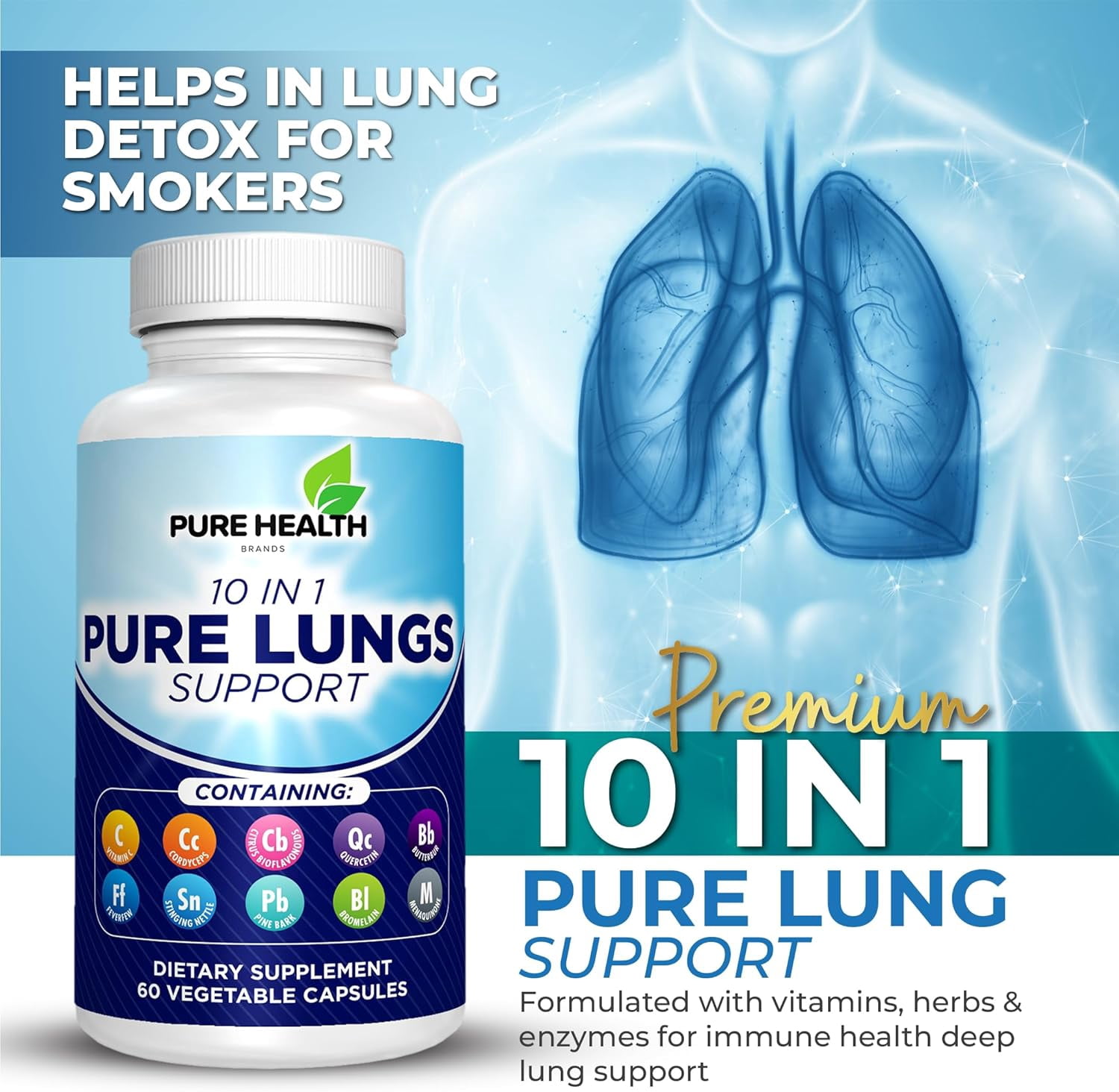 Pure Lungs Support – 10-in-1 Lung Cleanse & Detox Supplement for Smokers & Respiratory Health – with Quercetin, NAC, Cordyceps, Pine Bark, Vitamin C & Butterbur – 60 Capsules