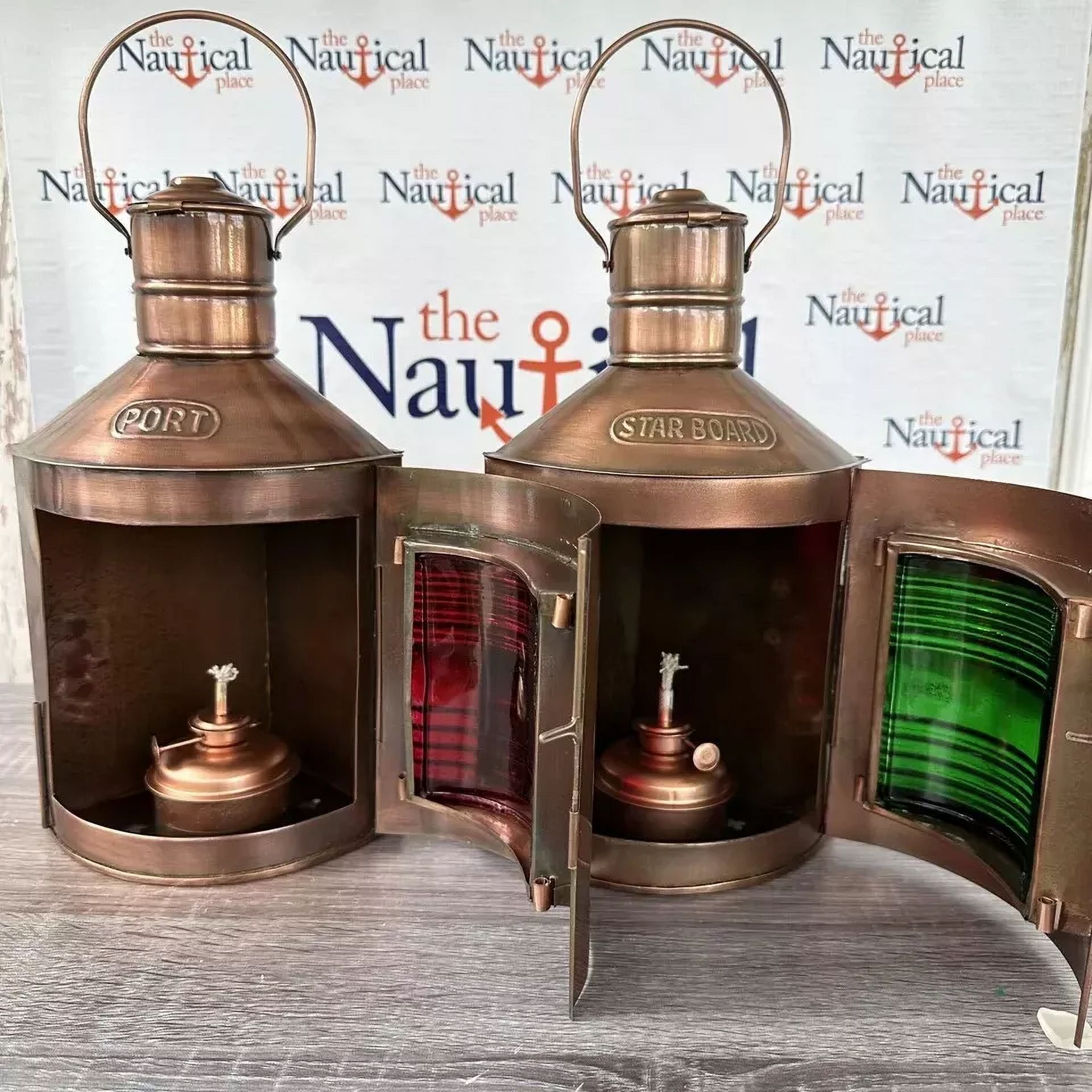 Port & Starboard Lanterns, Set of 2 Antique Brass Finish, Nautical Oil Lamps, Ship Lights