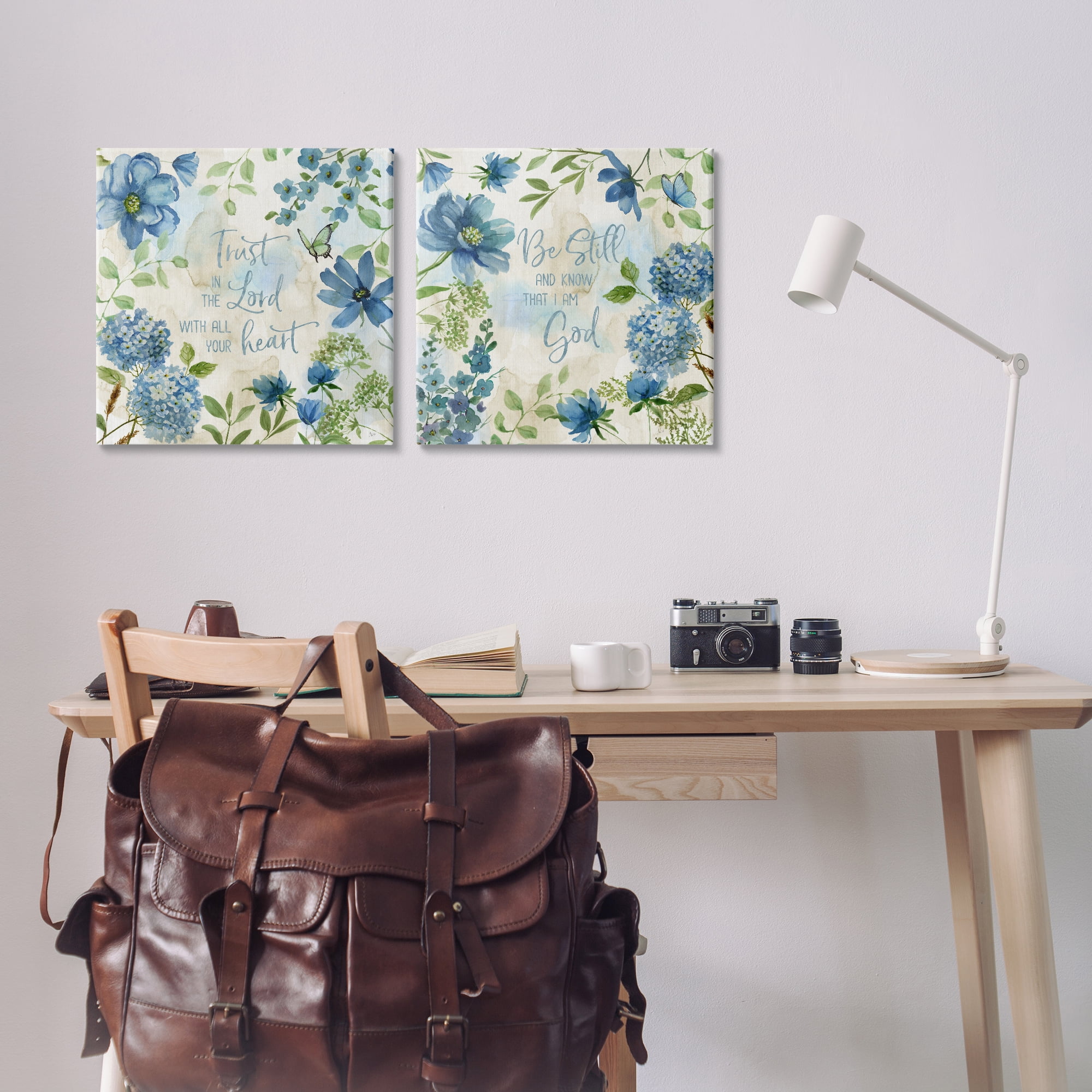 Stupell Industries Trust Be Still Blue Hydrangea Religious & Spiritual Painting Wrapped Canvas Art Print Wall Art, 17 x 17, Set of 2