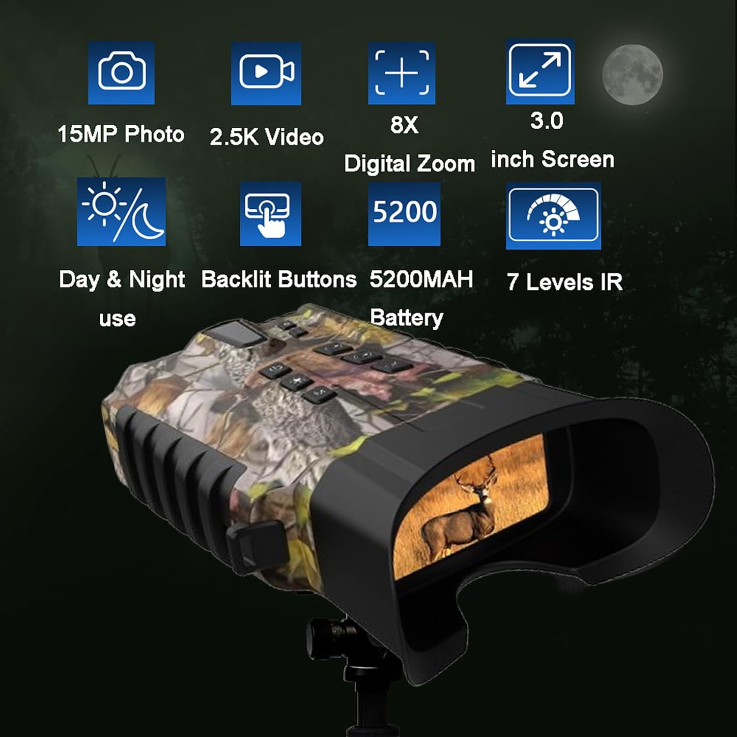 2.5K Full Color Night Vision Binoculars for Adults,3'' Night Vision Goggles,8X Digital Zoom,with 32GB Memory Card and 5200MAH Rechargeable Battery,Can Save Photos and Videos,Camouflage