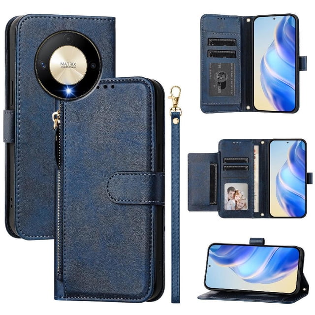 Funda para Honor X50 5G con cremallera tipo cartera, tarjetero, marco de fotos, soporte y cordón, de piel sintética. azul