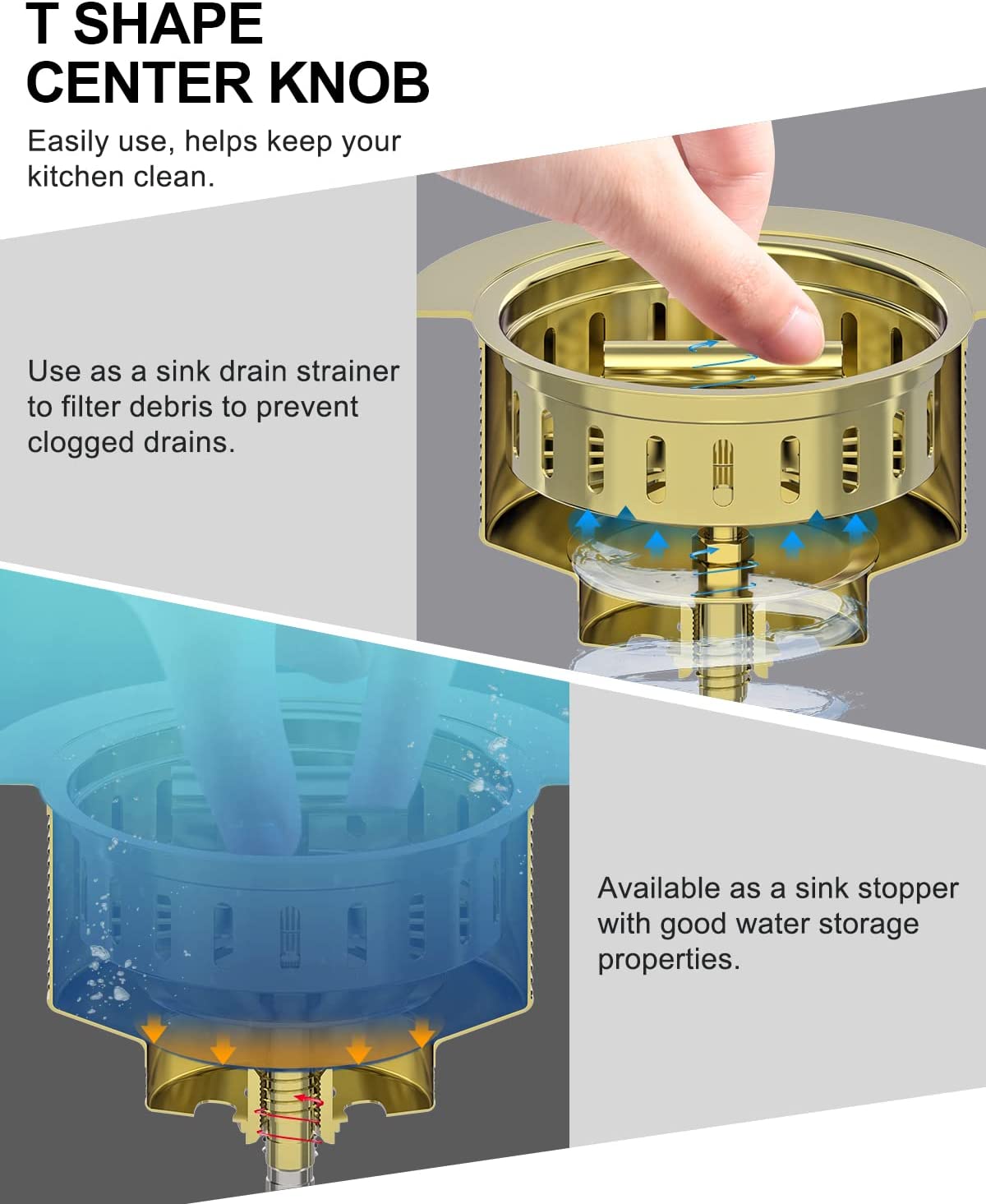 Gold Kitchen Sink Drain Kit 3 1/2 Sink Strainer for Kitchen Sink with Stainless Steel Strainer Stopper Drain Assembly Basket Strainer Fit Standard Sink Drain Hole