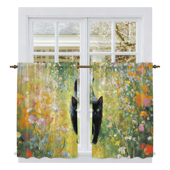 Black Cat Flowers Kitchen Curtains 54 Inch Length, Modern Oil Painting Farmhouse Tiers Curtains for Bathroom Bedroom Cafe, Light Filtering Small Window Treatment Short Drapes 2 Panels 42"Wx54"L
