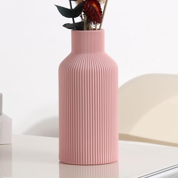 Pink Ceramic Vase for Decor,Minimalist Modern Home,Small Flower Vase for Pampas Grass,Table,Shelf Bookshelf Decor,Mantel and Entryway Decorative(8 in)