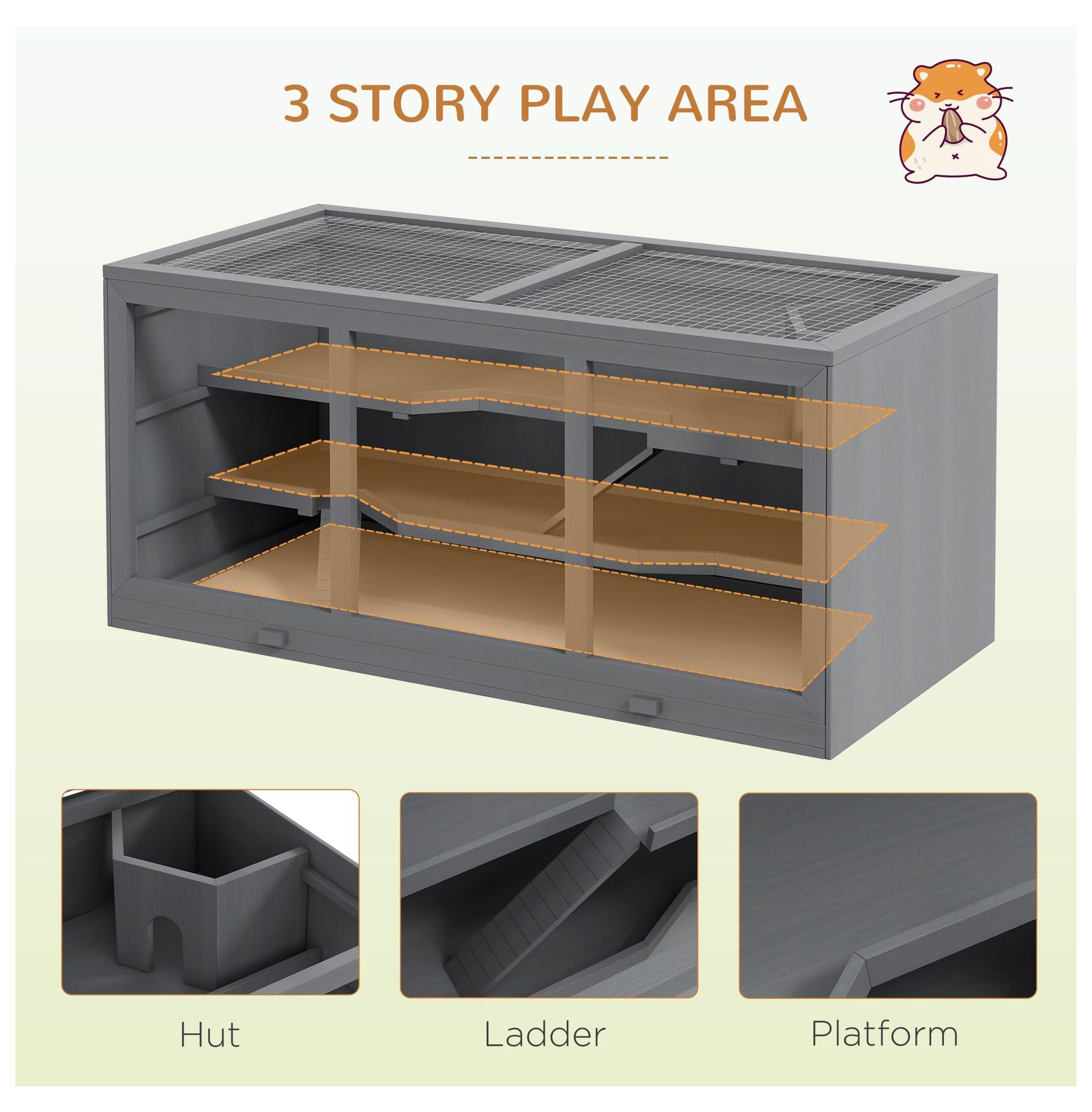 3-Tier Hamster Cage, Hinged Roof, Waterproof Tray, Space-Efficient Design for Small Pets, Gray
