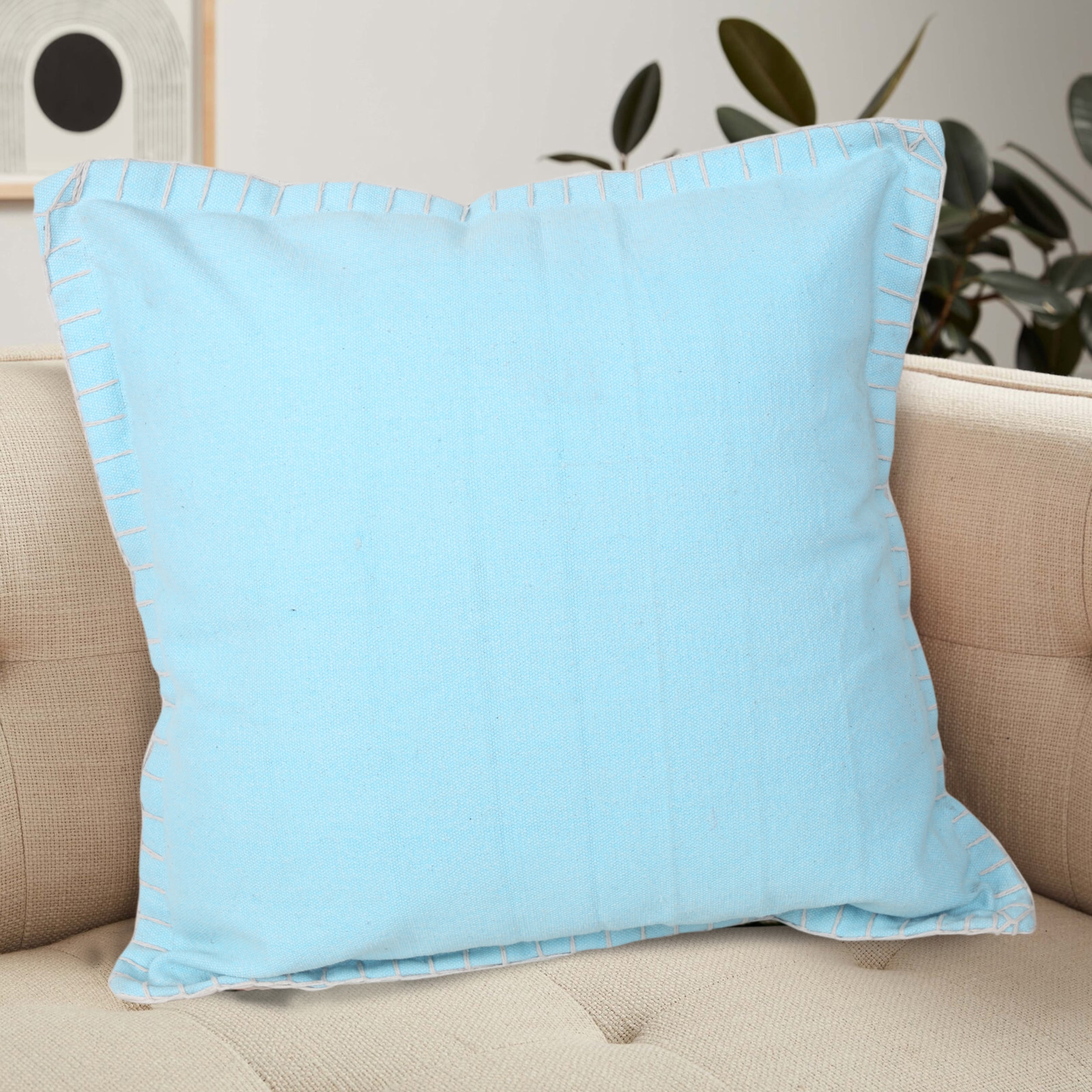 Ox Bay Wilma 20" x 20" Light Blue Stitch Bordered Cotton Adult Decorative Throw Pillow Cover